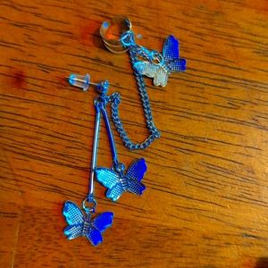 Single Butterfly Earring With Butterfly Cuff Silver Plated
